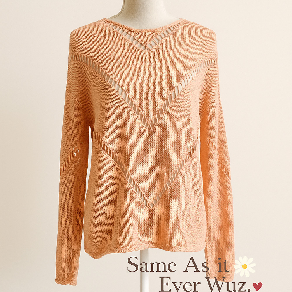 Cato L Peach Open Knit Sweater NWT Crochet Boho Quiet Luxury Coastal Resort Top
